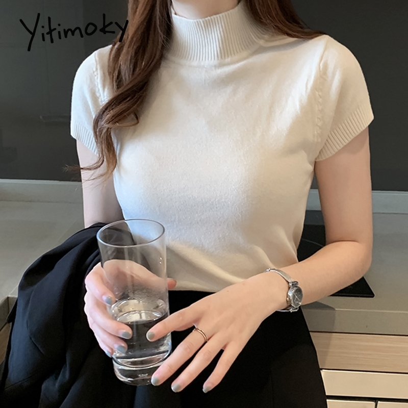 

Half turtleneck summer knit sweater women short sleeve slim korean elegant tops women sweaters and pullovers Soft female shirts Y200720, Brown