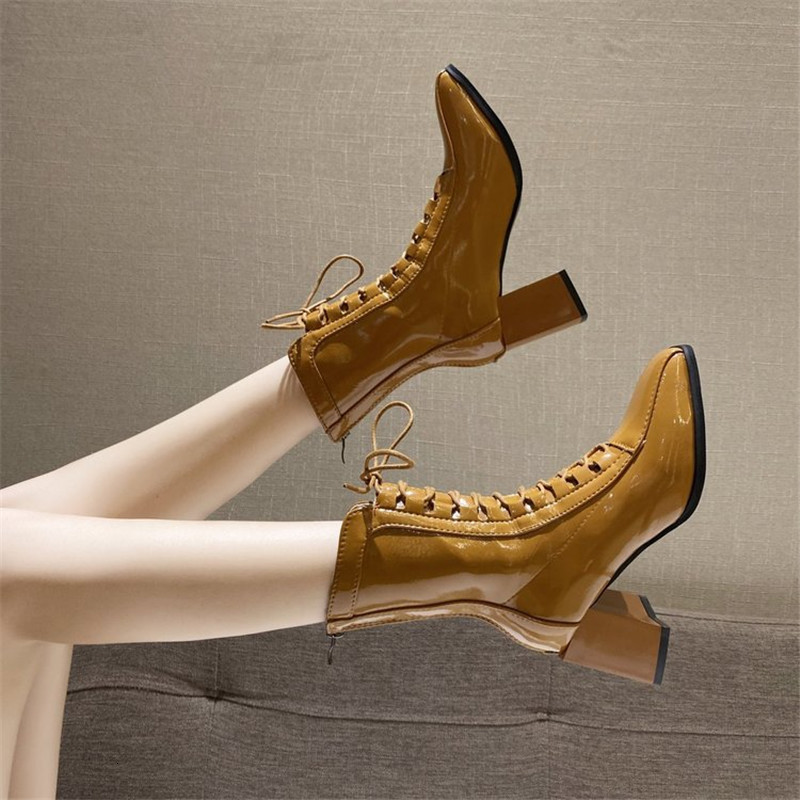 

2021 New Autumn Shoes High Quality Leather for Women Rendered to Boots Mujer 7V49, Yellow brow