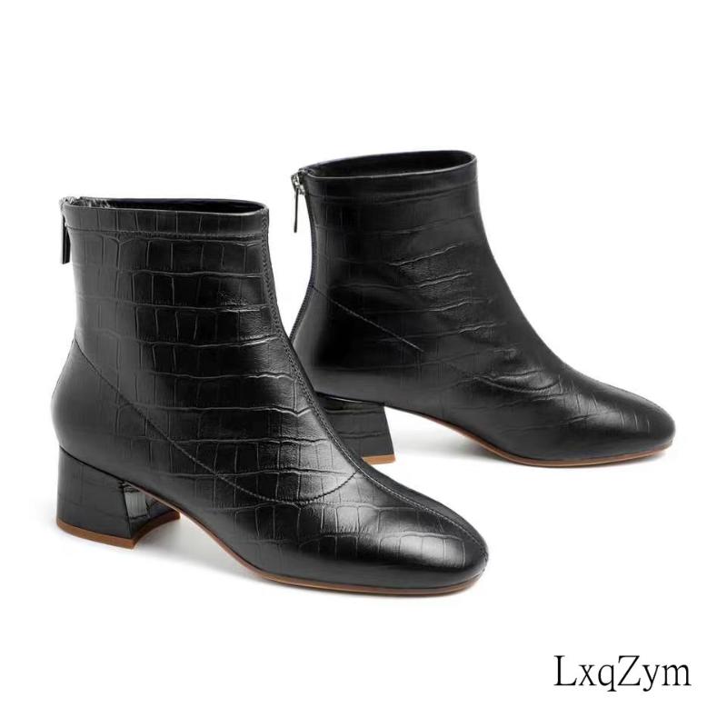 

LxqZym Hot Sale Cow Leather Short Ankle Boots Round Toe Square Sole Autumn Fashion Women Zipper Boots, As show
