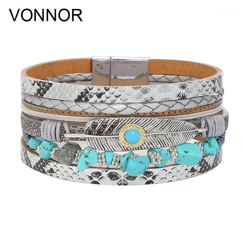 

Tennis VONNOR Vintage Alloy Feather Multilayer Leather Bracelet Boho Jewelry Green Stone Wrap Magnet Clasp Bracelets & Bangles1