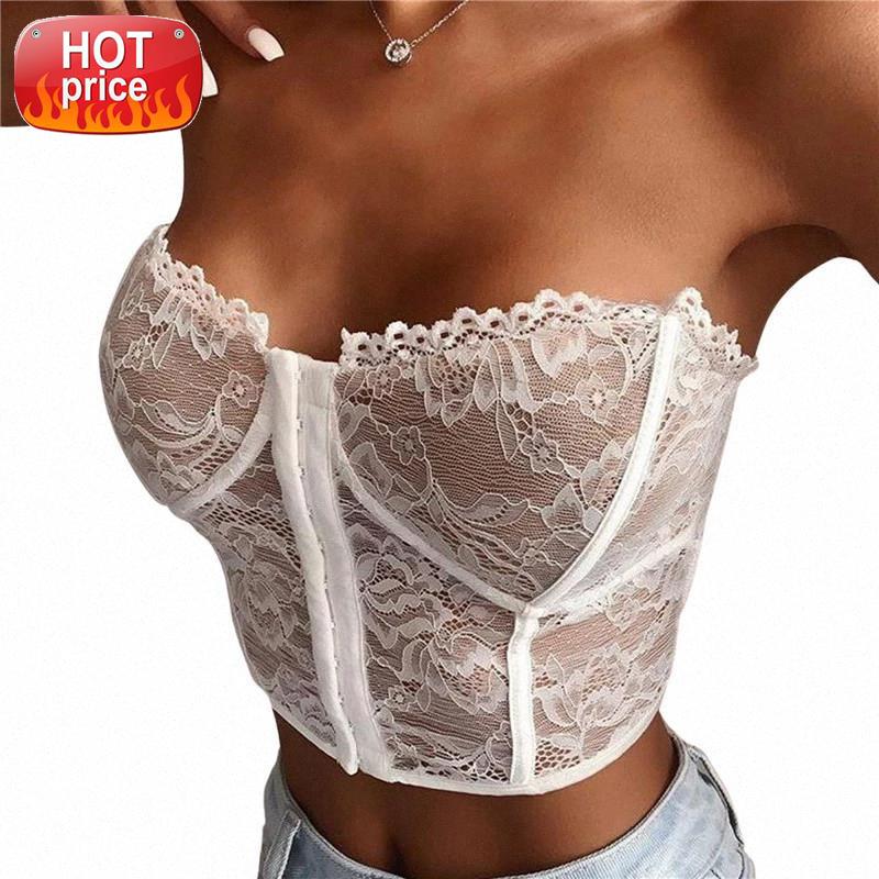

HIRIGIN 2021 Women Sexy Off Shoulder Crop Tops Solid Buttons Down Bodycon See-through Lace Hem Backless Tube Crop Tops Plus Size #jw4d, White
