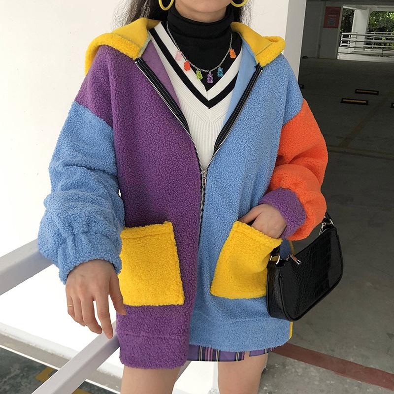 

Patchwork Cute Women Teddy Coat Autumn Hooded Fluzzy Plush Winter Faux Fur Jacket Coat Women Plus Size Y2K Overcoat, See chart