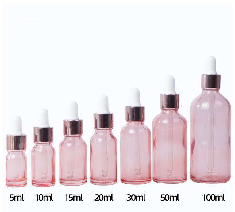 

5ml 10ml 15ml 20ml 30ml 50ml 100ml multi-szie glass pink dropper bottle essential oil bottle pink body rose gold lid cosmetic sub-bottle