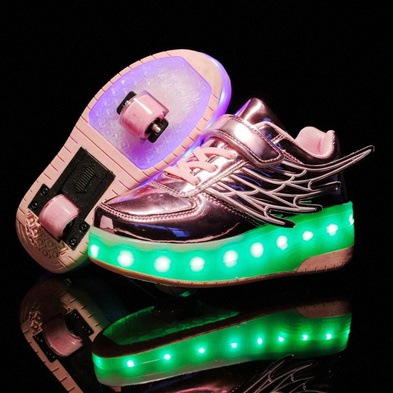 

New Pink Gold USB Charging Fashion Girls Boys LED Light Roller Skate Shoes For Children Kids Sneakers With Wheels Two wheels #az11