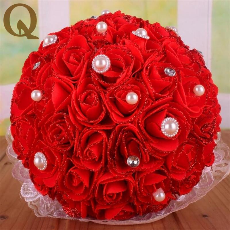 

2021 Beautiful Handmade Flowers Decorative Artificial Rose Flowers Pearls Bride Bridal Lace Accents Wedding Bouquets with Ribbon, Pink