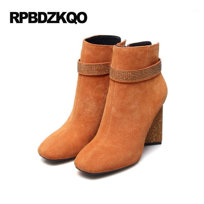 

Shoes 2020 Fashion High Heel Fur Booties Orange Rhinestone Women Boots Winter Ankle Fall Crystal Square Toe Chunky Genuine1, Black
