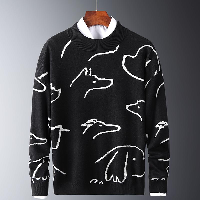 

Mens Autumn Casual Sweaters Fit Knitted Trendy Slim Sweaters Cotton Long Sleeve Round Collar Male Warm Pullovers Graffiti Style, Bl979 black