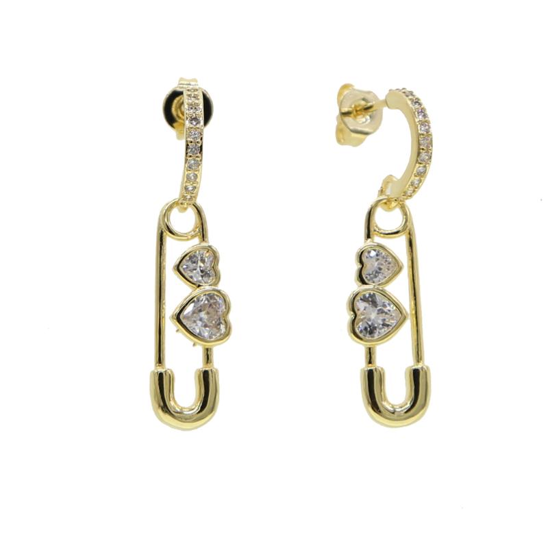 

Clear heart shaped cubic zirconia cz safety pin charm unique design paper clip dangle drop earring for women