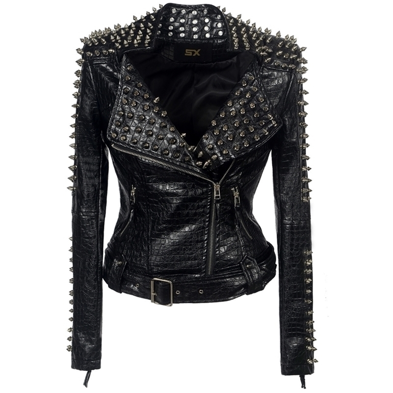 

Faux Leather PU Jacket Punk Rivet Women Winter Autumn Motorcycle Jacket Black Leather Coat Outerwear Punk Biker Coat SX02 201029