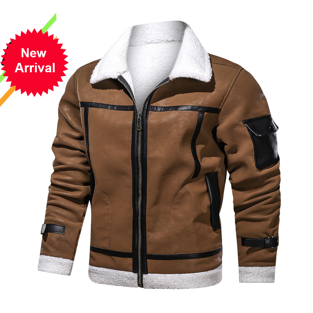 

2021 Kb New High Quality Men's Street Windbreaker Coat Leather Clothing Thick Fleece Men Casual Jacket Pu Rej5, Camel