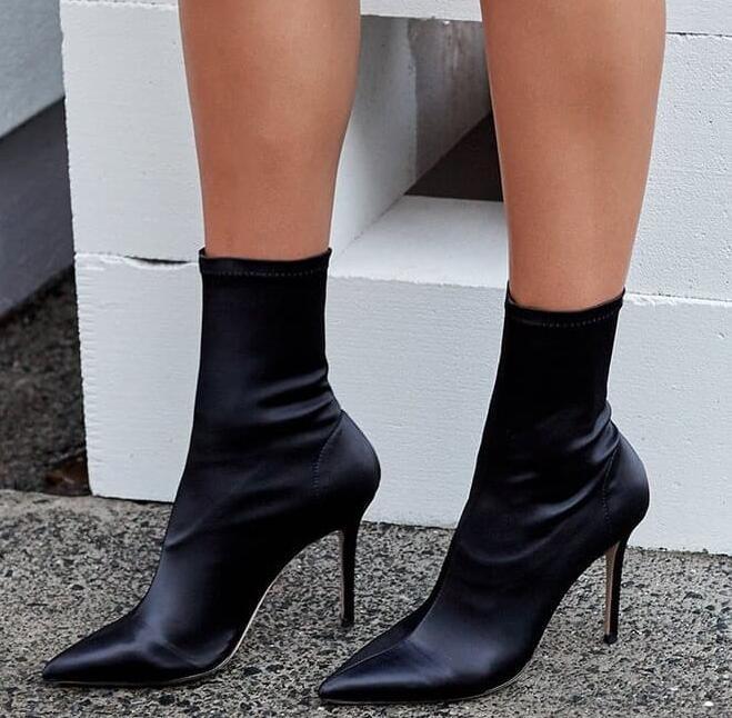 

New Spring Women Sexy Black Color Elastic Satin Pointed Toe Mid-calf Thin Heels Slip On Party Short Boots Slim Botas Booties, As picture