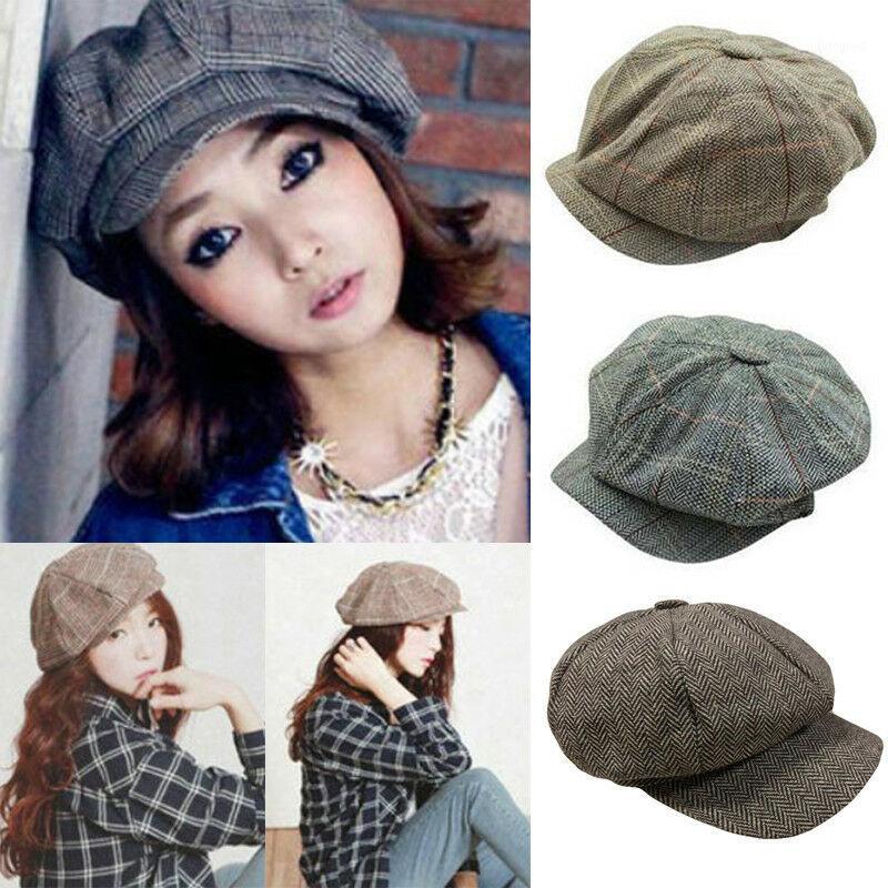 

Stingy Brim Hats Autumn Winter Unisex Women Men Casual Plaid Print Octagonal Cap Beanie Beret Hats1