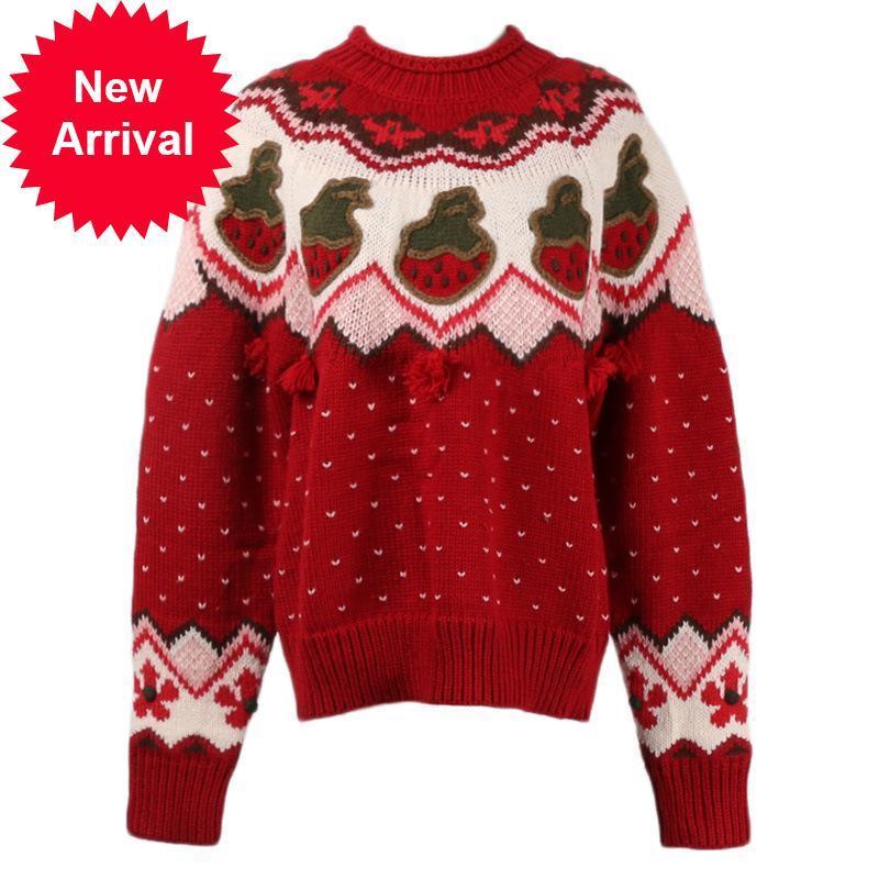 

Designer 2021 New Autumn Winter Embroidered Strawberry Pullovers Sweater Long-neck-sleeves Female Natal Y852, Red.
