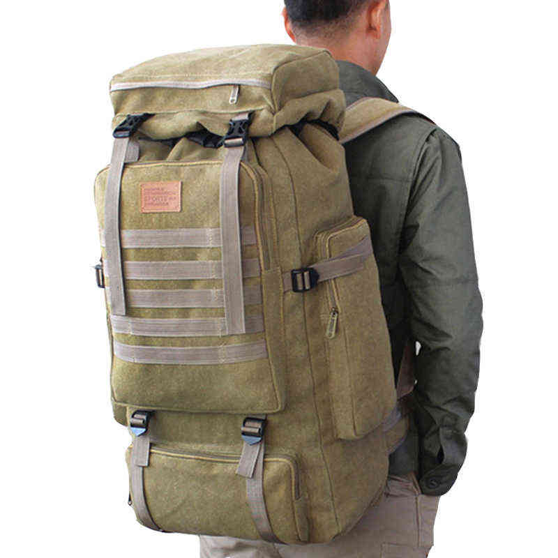 

60L Large Military Bag Canvas Backpack Tactical Bags Camping Hiking Rucksack Army Mochila Tactica Travel Molle Men Outdoor Bags G220308, Army green