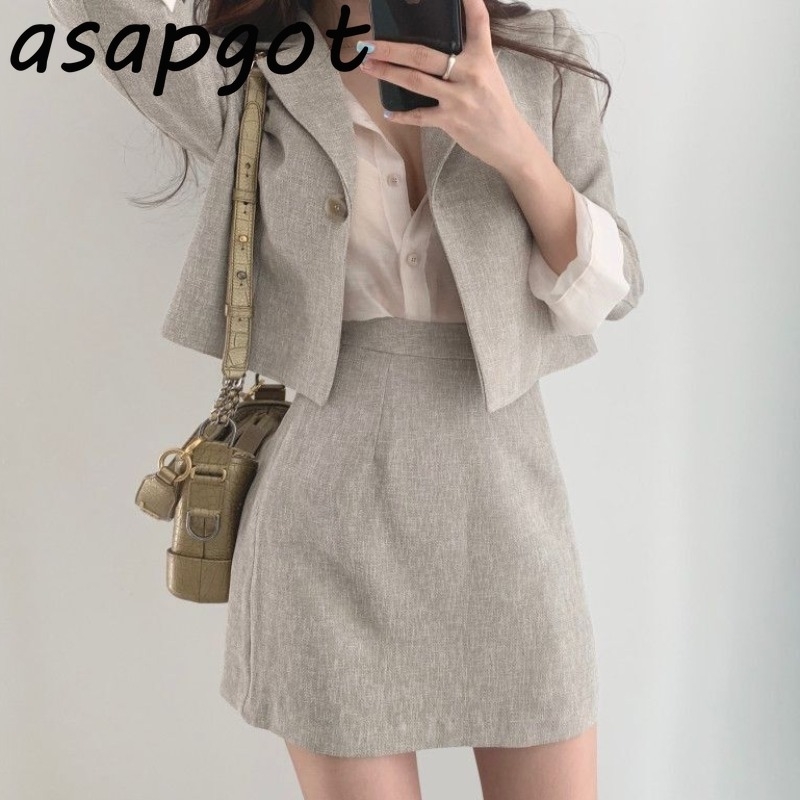 

Blazer & Suits Skirt Suits Full Sleeve Short Blazer Coat + Slim High Waist Skirts Mini Solid Slim Casual Vintage 2 Pieces Set 201130, Black skirt