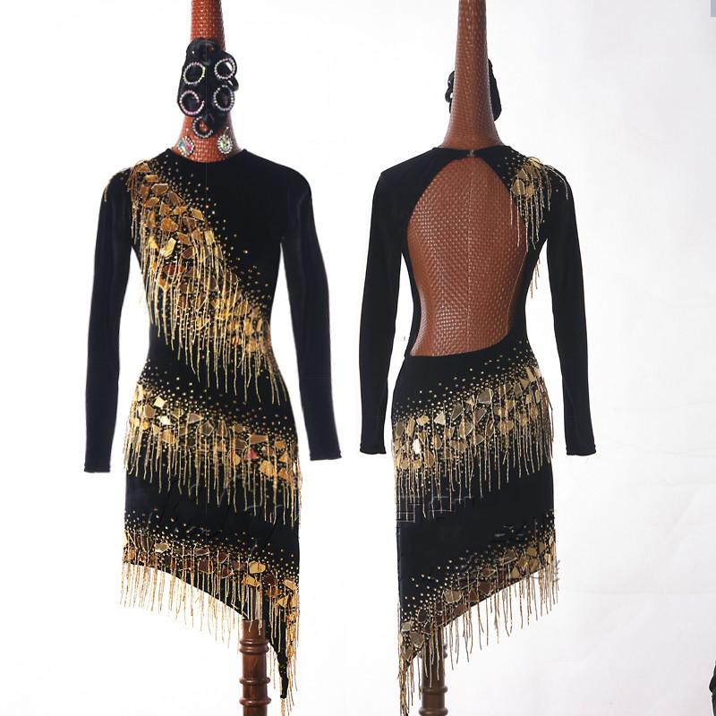

High-end Custom Ladies Latin Dance Dress For Women's Ballroom Competition Shiny Glass Piece Beaded Tassel Skirt Evening Dresses, Black