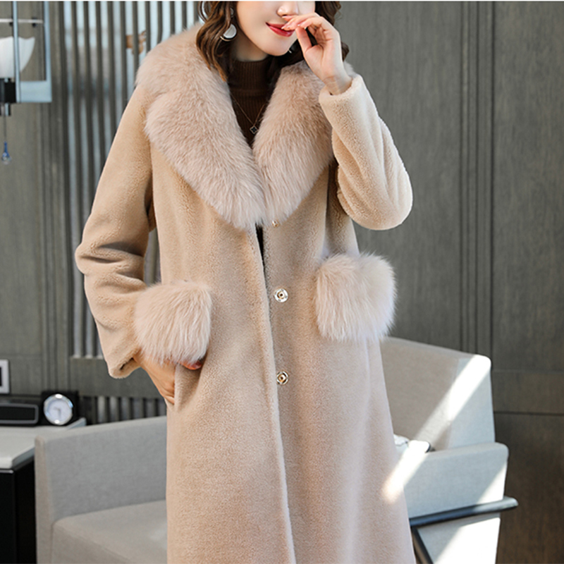 

Female 2020 Real Winter Long Shearling Sheep Fur Coat Pashmina Fox Jacket Outerwear Feminine N8uw, Khaki.