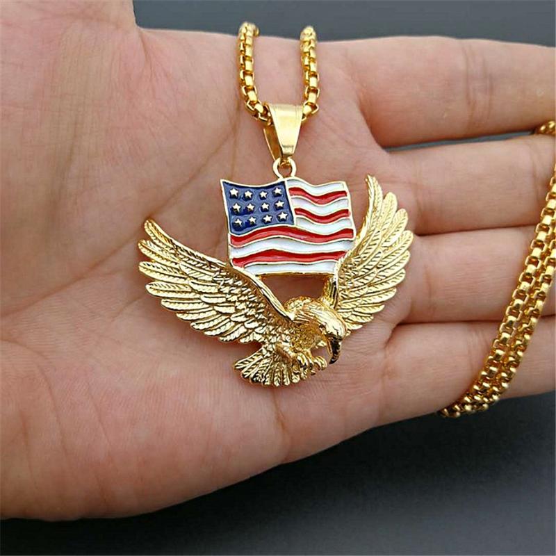 

American Flag Eagle Necklace Statement Jewelry Gold Color Stainless Steel Hawk Animal Charm Pendant & Chain For Men