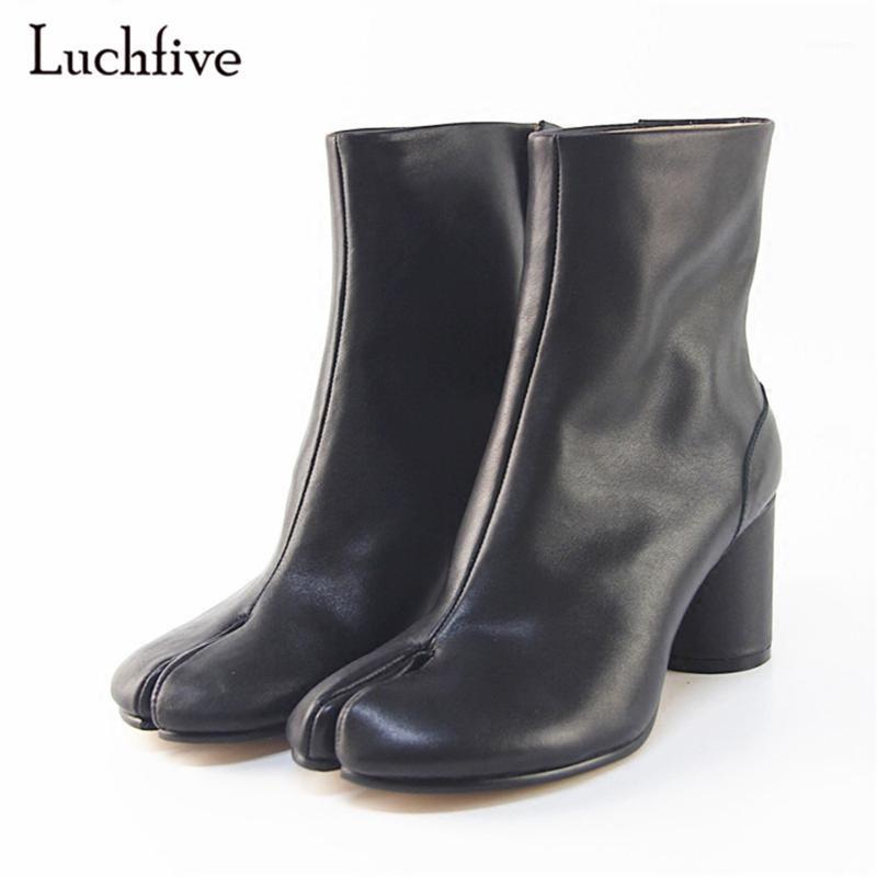 

Fashion Invisible Zipper Ankle Boots For Women Round Chunky Heel Individual Split Toe Boots Runway Botas Mujer1, White
