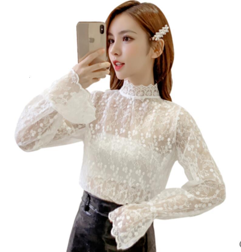

2021 Spring Summer New Sweet Lace Shirts Sexy Women Top Turtleneck Flare Manga Sweaters P695 Gw5y, White