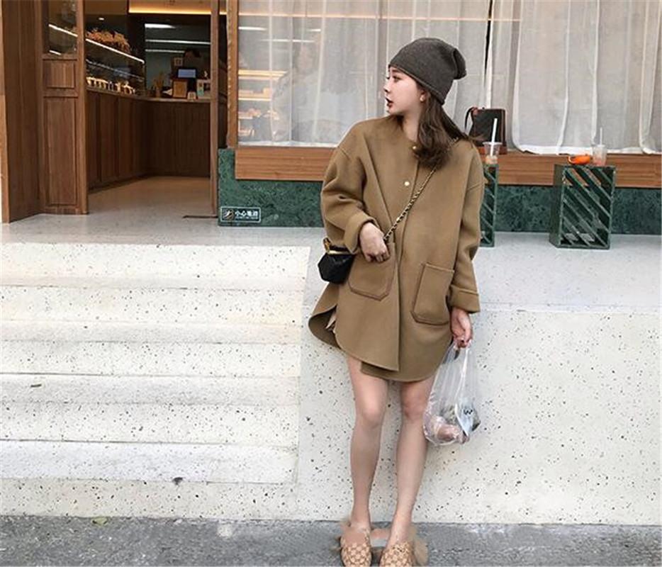 

Women High-end hand-stitched double-sided cashmere coat autumn and winter small woolen coat single-breasted Jacket +belt, Black