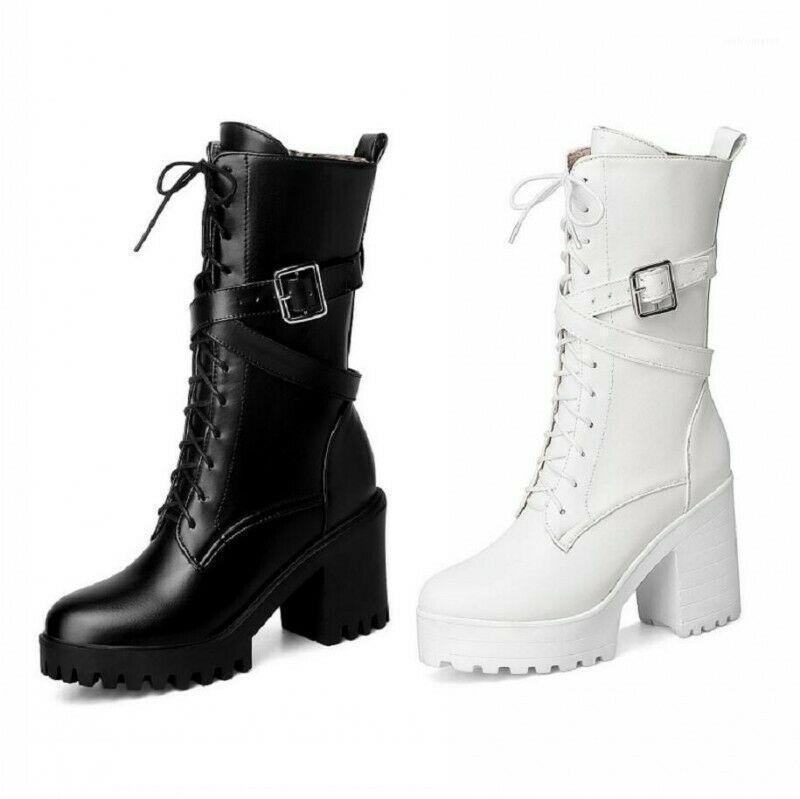 

Womens Punk Knight Lace Up Block Heel Platform Round Toe Ankle Boots 41/42/43 D1, Black