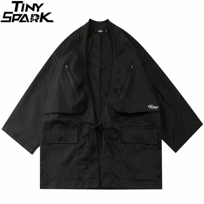 

Japanese Kimono Jacket Zipper Pockets Hip Hop Men Black Jacket Streetwear Harajuku Japan Style Cardigan Jacket Kimono 201114, A11283