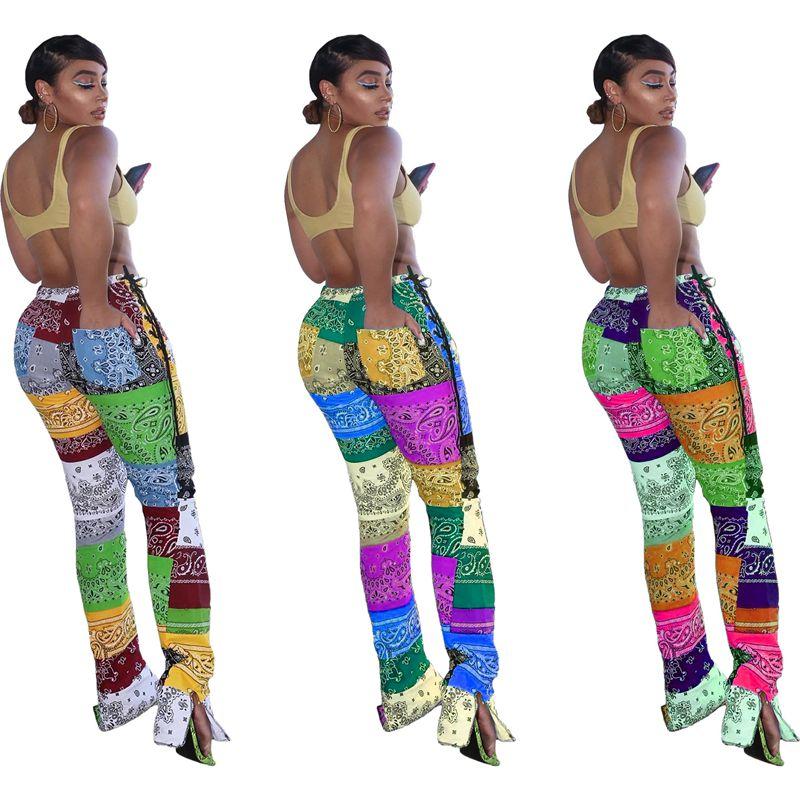 

ZKYZWX Patchwork Bandanna Print Women High Waist Lace Up Side Leggings Skinny Flare Pans Fashion Joggers Fitness Sweatpants, Yellow-1