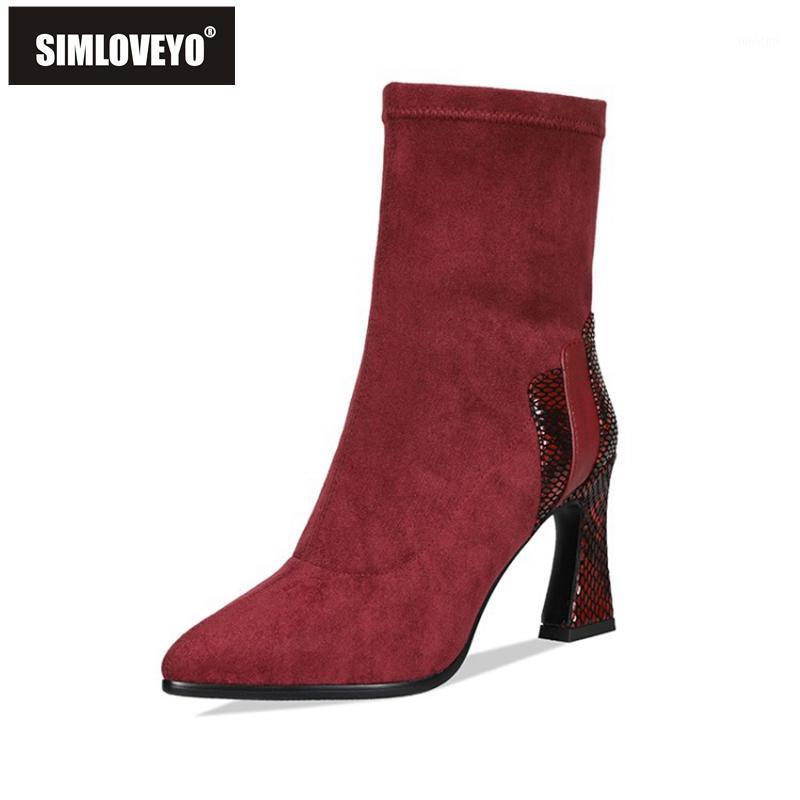 

SIMLOVEYO Woman Winter Warm Ankle Boots Pointed Toe 6cm Hoof Heels Slip on snake Large size 34-42 Red Wine Casual Elegant B18041, Black