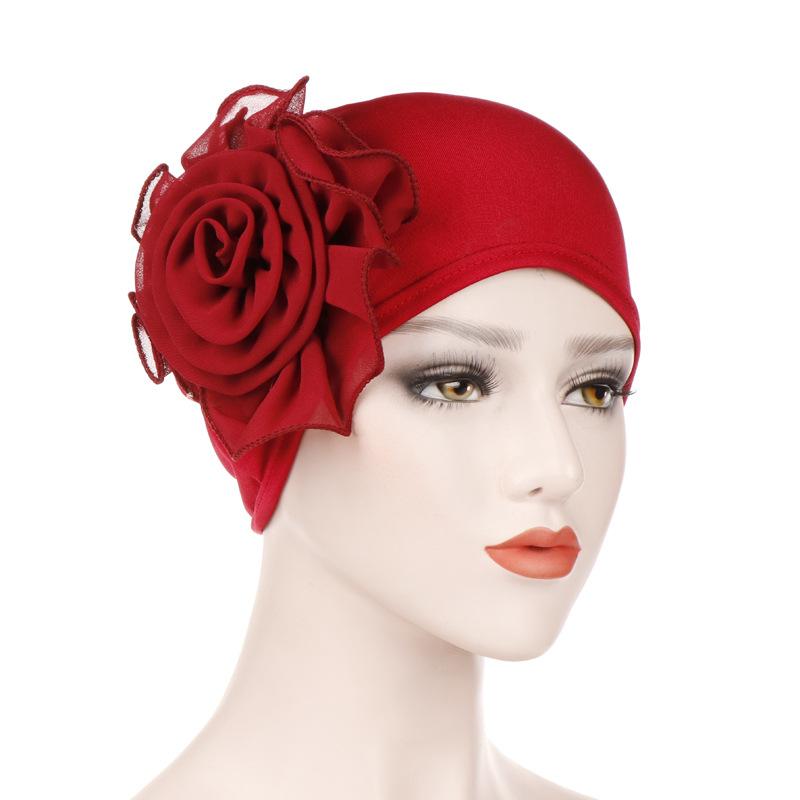 

European and American new style solid color candy color flower pullover hat, ladies milk silk big flower Muslim toe cap