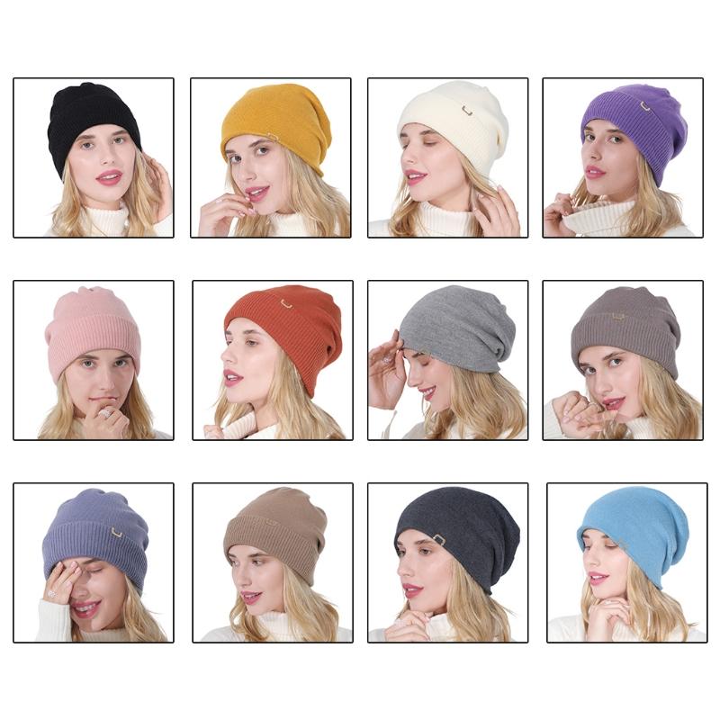 

Women Double Layer Knitted Slouchy Beanie Hat Female Winter Casual Simple Solid Color Hip Hop Stretch Skullies Cap Ear Warmer, White