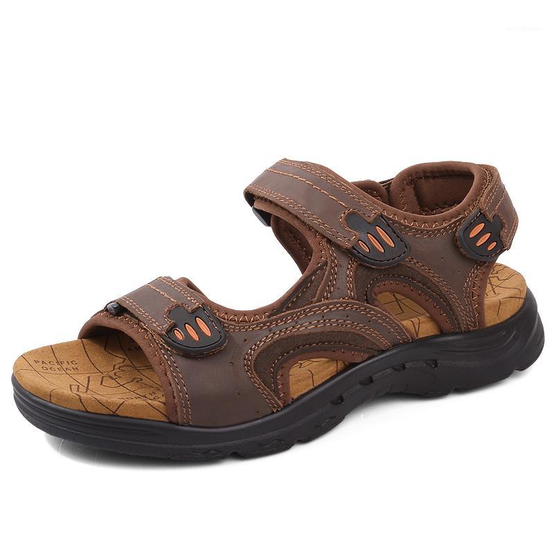 

New Roman Men Sandals Genuine Leather Summer Slippers Breathable Comfortable Hook-Loop Beach Men Casual Shoes Plus Size 38-471, Black