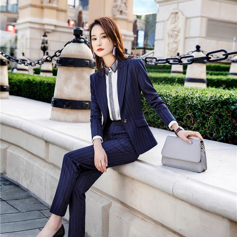 

Women Business Striped Suits Ladies Office Work Wear Formal 2 Piece Jackets Pants Sets Fashion Spring Autumn Professional Blazer, Navy