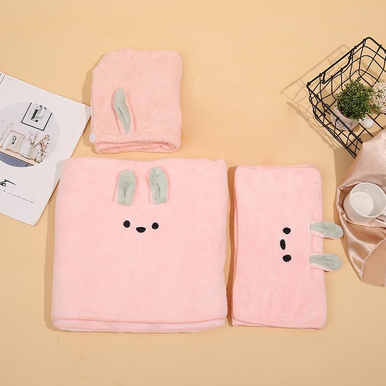 

Towel Bath Set Cartoon Cute Coral Velvet Hair Dryer Cap Three-piece Wedding Companion Gift Box, Pink
