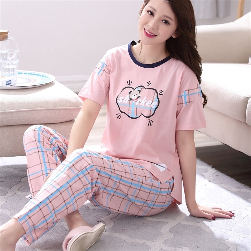 

Autumn Plus Size Cotton Pajamas Sets for Women Short Sleeve Pyjama Girls Plaid Long Pants Loungewear Homewear Home Clothing 210203, Pink
