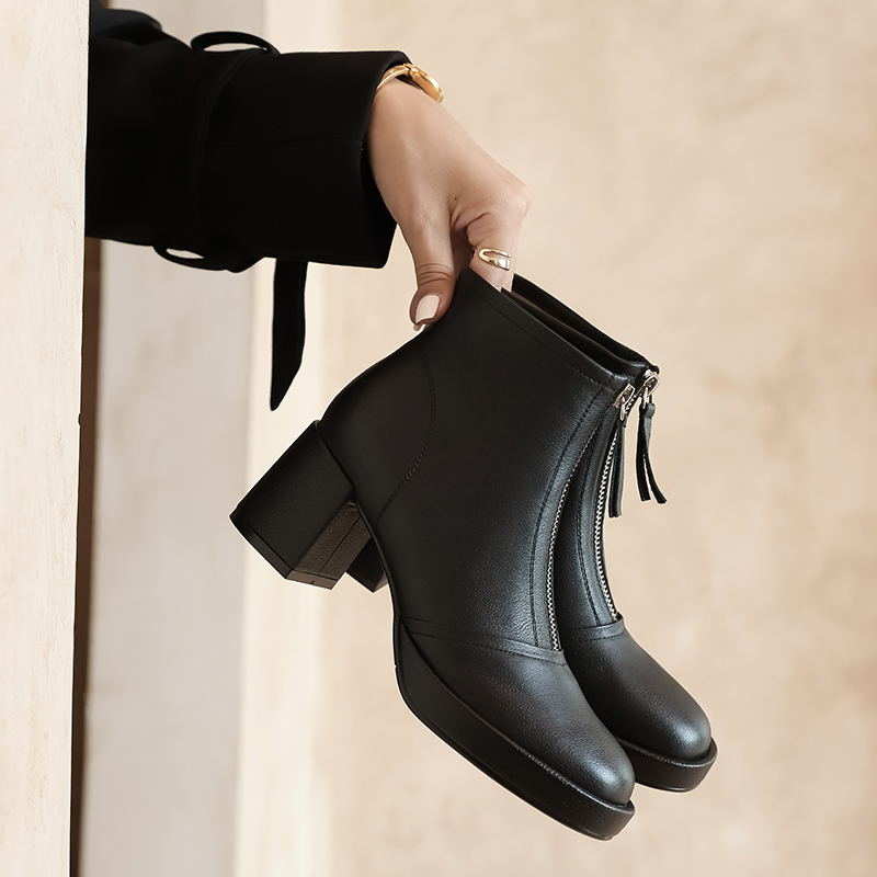 

2021 Women's Bigger Autumn and Winter Short British Toe Round Foot Boots Platform Shoes S1GB, Black-autumn