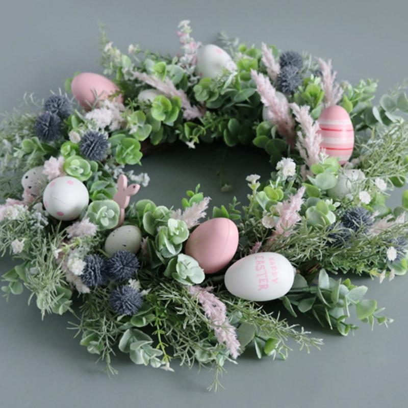 

50CM Manual Easter Garland Eggs Rattan Wreath Artificial Flower Garland Home Window Front Door Wreath Easter Decoration