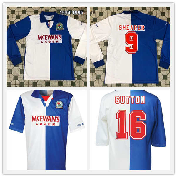 

1994 1995 Retro Blackburn Rovers Soccer Jerseys 94 95 Home 9 SHEARER 16 SUTTON 20 BERG 7 RIPLEY Custom Short Sleeve Long Football Shirts, Black;gray
