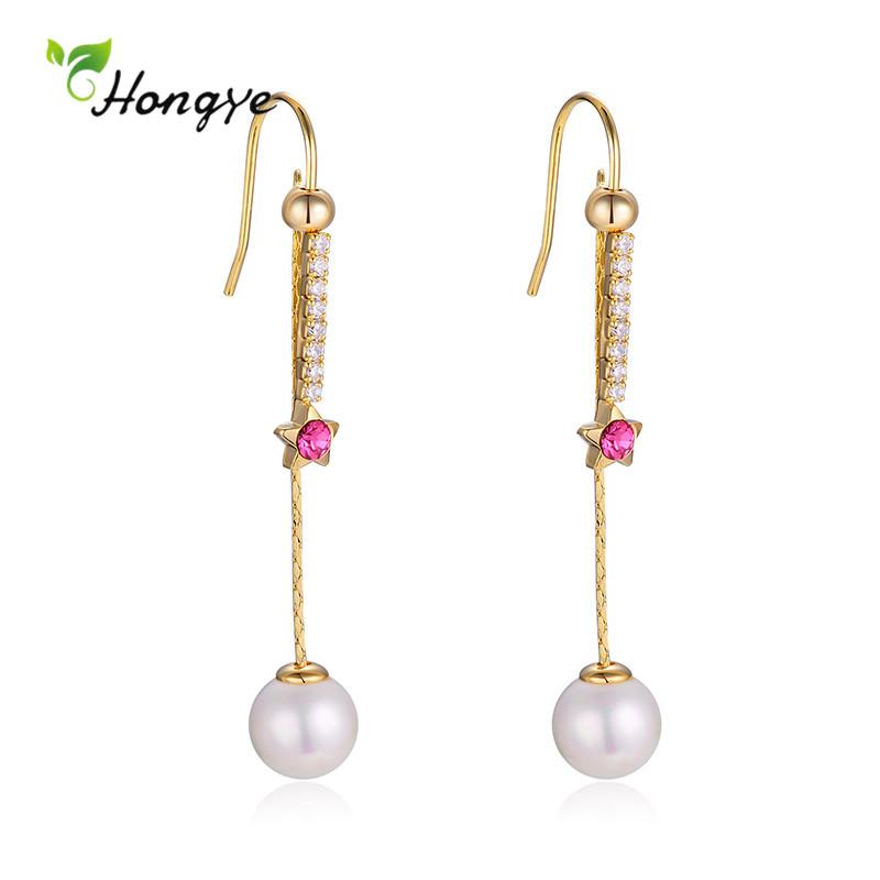 

Hongye Fashion Long Tassel Pearl Drop Earrings for Women Lady Metal Star Pendant Red Zircon Party Brincos Jewelry Wholesale