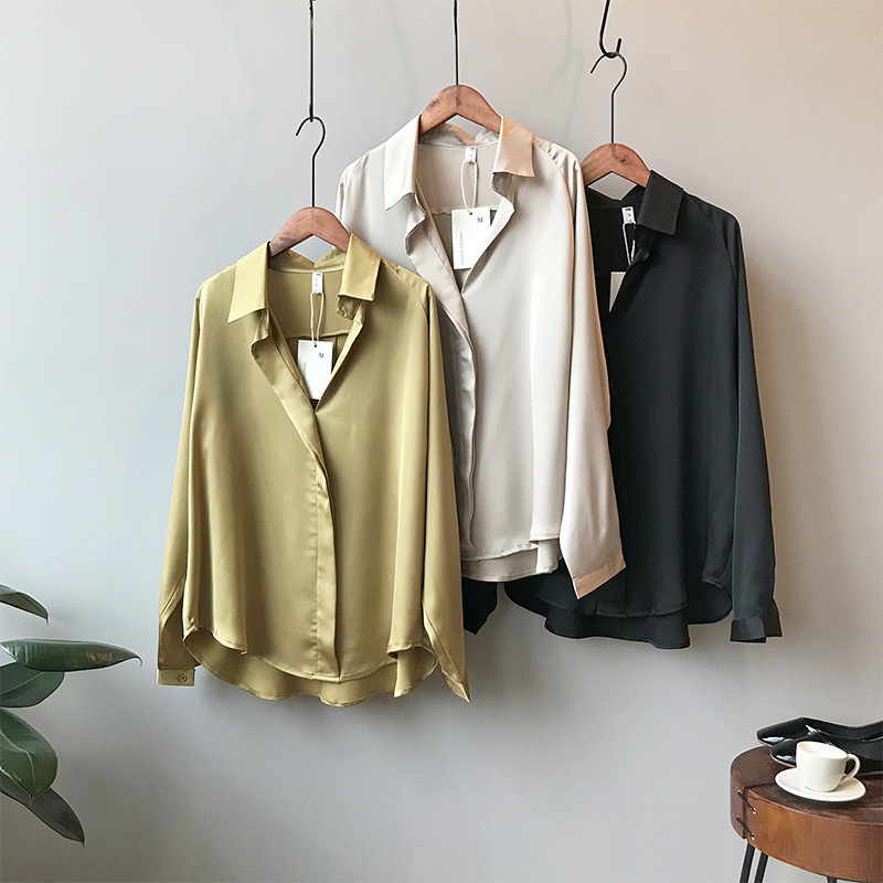 

Sherhure 2020 Women Spring Satin Blouses Turn Down Collar Pure Color Tops Boho Shirt Blusas Roupa Feminina F1211, Khaki