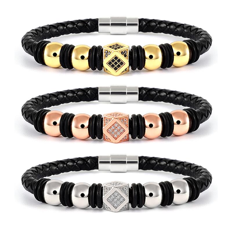 

ZAER Leather Magnet Bracelets Metal Paved CZ Crystals Square Bead Bracelets Bangles Men Jewelry Watch Accessories Laser Logo