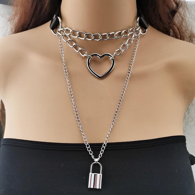 

Gothic Lock Chain choker collar harajuku Punk pendant necklace women girls black leather chocker Fashion jewelry
