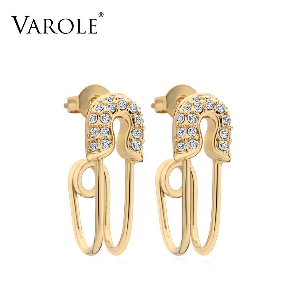 

VAROLE Curved Safety Pin Earrings Shining Crystal Dangle Earings Gold color Earrings For Women Jewelry Oorbellen Brincos