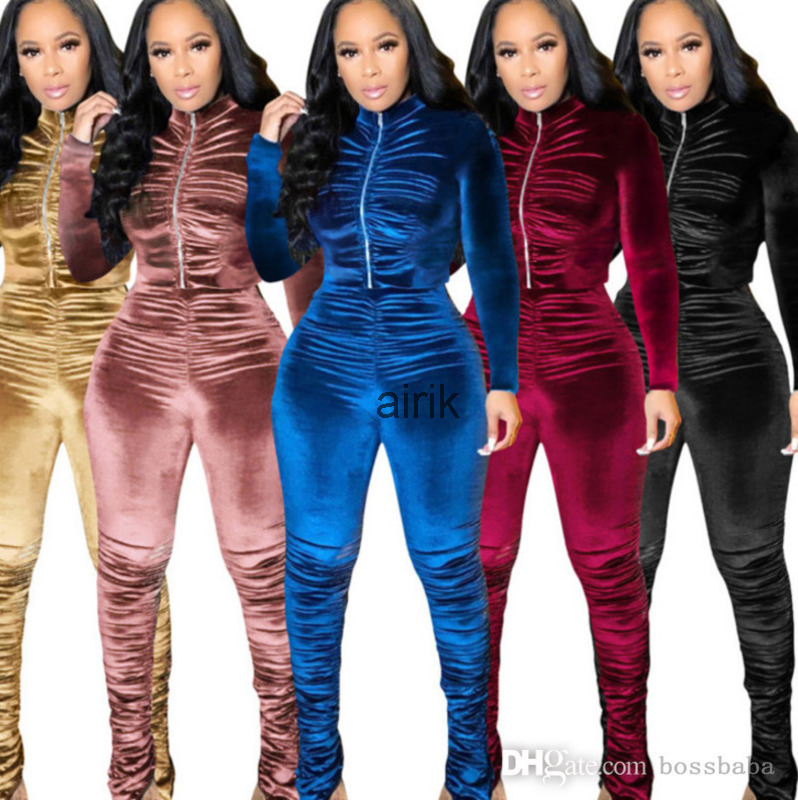 

Women Velvet Tracksuits Two Piece Outfits Fashion Pleated Long Sleeve Coat Flare Pants Set Lady Sweat suit, 1# wine red