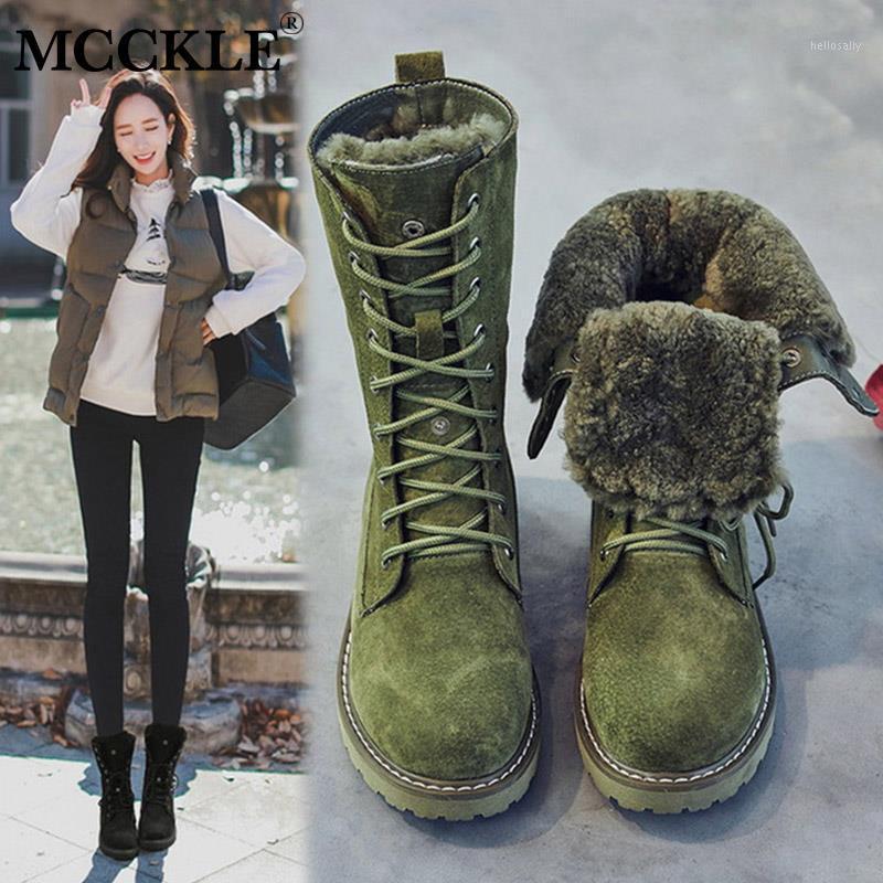 

MCCKLE Women Shoes Genuine Leather Snow Boots Woman Winter Boots 2020 Winter Women's Shoes Pig Split Ladies Platform Booties1, Green