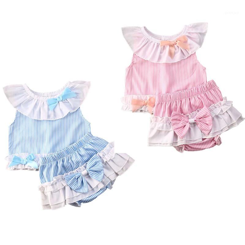 

2020 0-24M Toddler Infant Baby Girl Clothes Set Summer Ruffle Round Neck Bow Sleeveless Pink Blue Striped Top Shorts 2PCs1