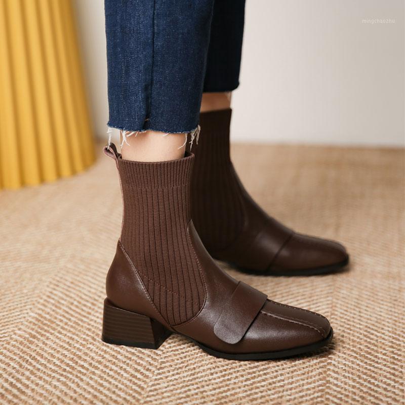

Autumn Winter Versatile Square toe Socks boots Elastic Boots For Women With Middle Heel Thick With Short 02A1, Brown