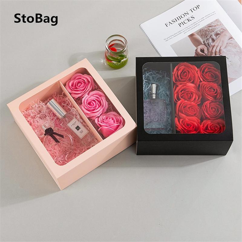

StoBag 5pcs Valentines Day Protable Pink/Black Gift Flower Packing Box Baby Birthday Surprise With Transparent Window Favor1
