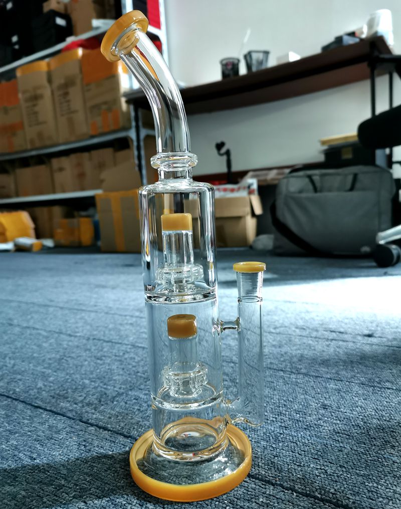 

Yellow Twisty Thick beaker Hookahs Bong Heady Dab Rigs Holographic water pipes smoking bongs with 10 arms perc 14 inches factory wholesale