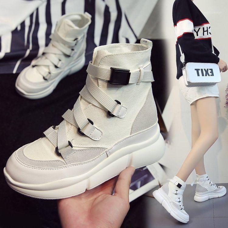 

2021 New Arrival Canvas Ankle Boots For Women Hook Platform Boots Fashion Punk Black Flat Shoes Winter YYJ1161